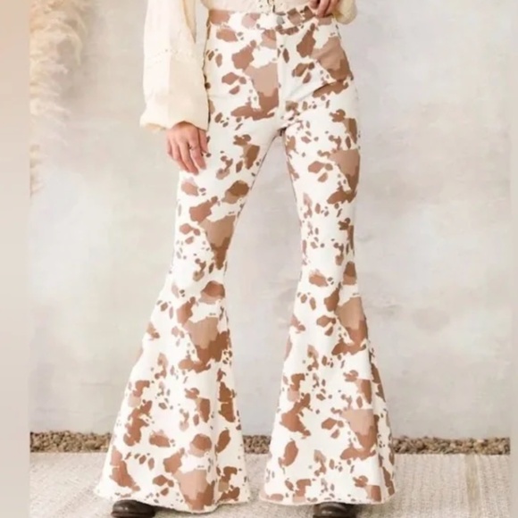 Altar’d State Cow Print Flare Jeans Pants White and Brown Women’s Large - Picture 1 of 10